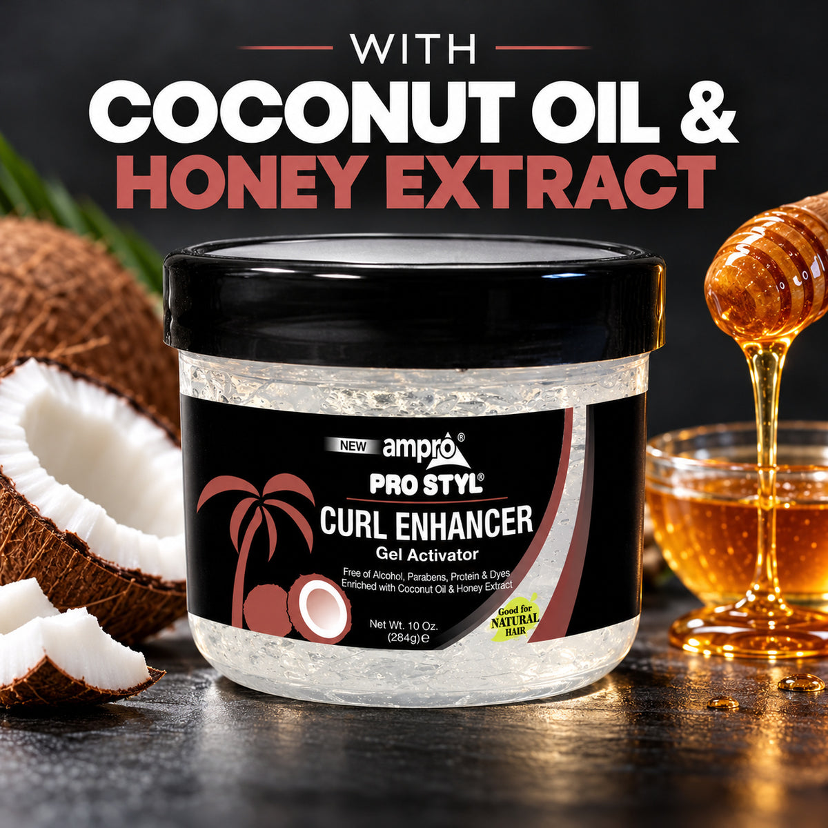A jar of ampro Pro Styl Curl Enhancer Gel Activator with coconut oil and honey extract, shown with a coconut half, honey dipper, and honey bowl on a dark textured background.