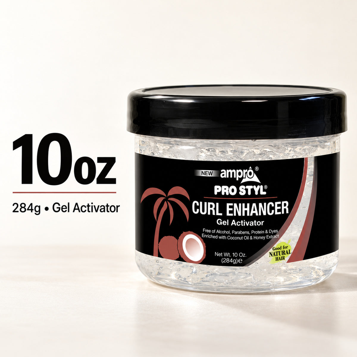 A 10 oz jar of ampó Pro Styl Curl Enhancer Gel Activator, featuring a black lid and a black label with coconut graphics, shown on a clean white background with text overlay indicating the weight and product type.