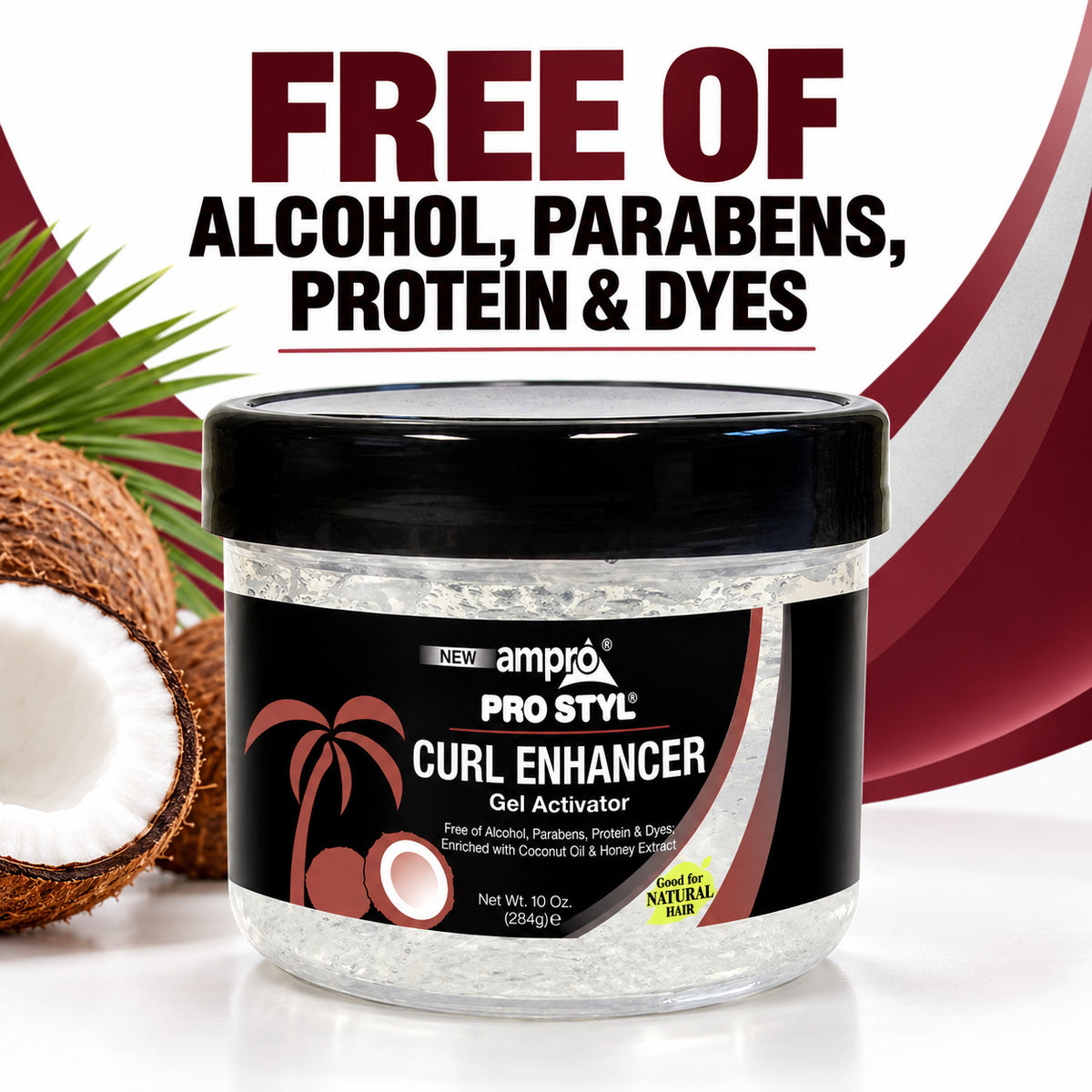 A jar of ampro Pro Styl Curl Enhancer Gel Activator shown on a white background with promotional text reading 'FREE OF ALCOHOL, PARABENS, PROTEIN & DYES' and coconut imagery.