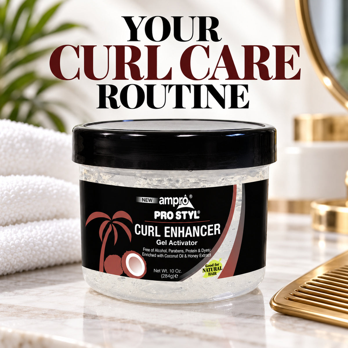 A jar of ampro Pro Styl Curl Enhancer Gel Activator sits on a marble countertop with a towel, gold hair tool, and bathroom decor in the background. Large text at the top reads 'YOUR CURL CARE ROUTINE'.