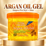 Ampro Pro Styl Argan Oil Gel in a clear plastic jar with an orange lid, displayed on a gold pedestal against a warm beige background with the product name text above.