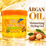 A jar of ampro PRO STYL Argan Oil Gel with an orange lid, set against a golden background with argan nuts and leaves, and text reading 'ARGAN OIL Moisturising Styling Gel'.