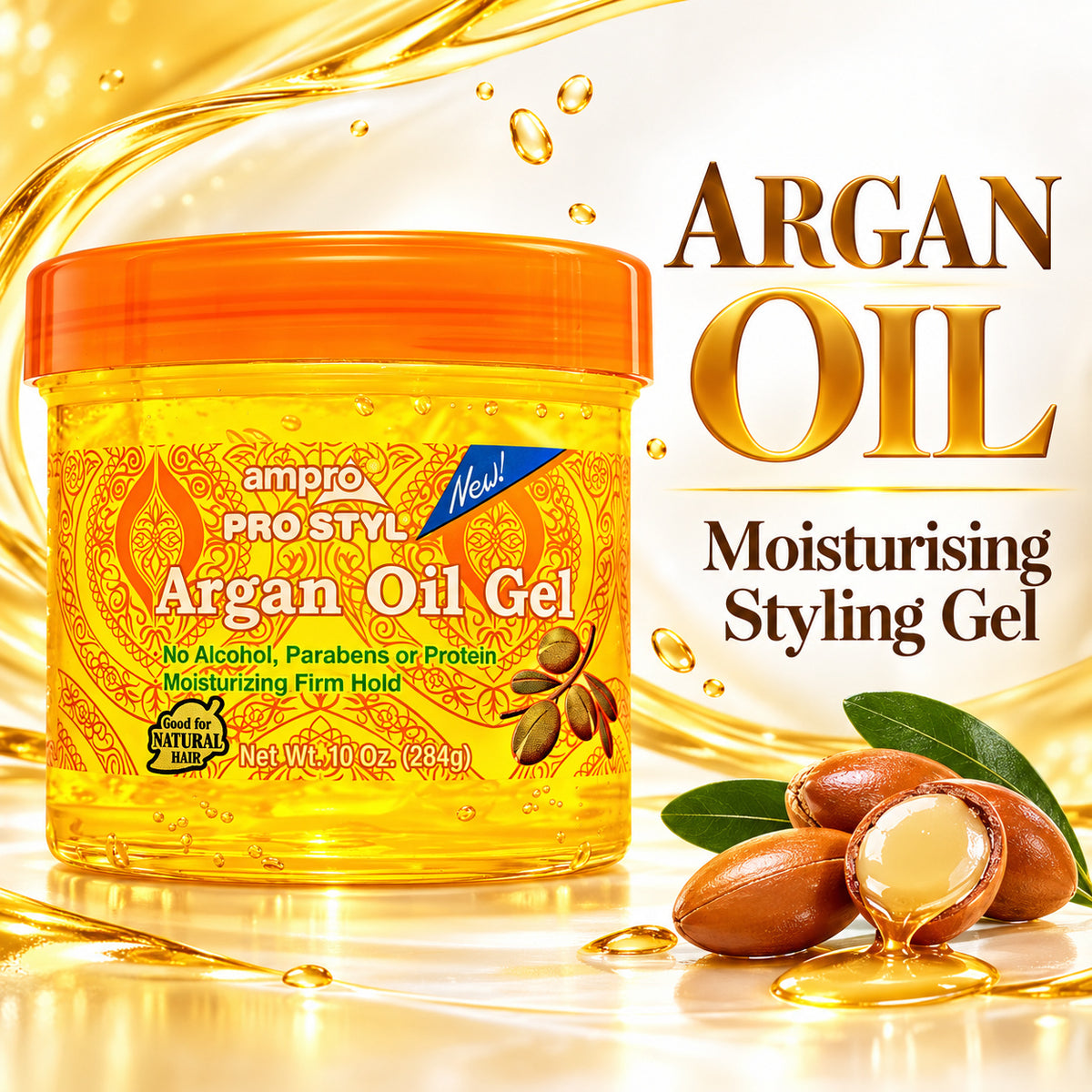 A jar of ampro PRO STYL Argan Oil Gel with an orange lid, set against a golden background with argan nuts and leaves, and text reading 'ARGAN OIL Moisturising Styling Gel'.
