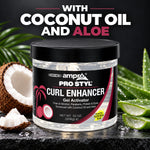 A jar of ampro Pro Styl Curl Enhancer Gel Activator with coconut oil and aloe, shown on a dark textured surface with a half coconut, aloe slices, and green leaves in the background. Large text at the top reads 'WITH COCONUT OIL AND ALOE'.