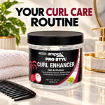 A jar of ampro Pro Styl Curl Enhancer Gel Activator displayed on a marble countertop with a black comb, folded white towels, and bathroom accessories in the background. Large text at the top reads 'YOUR CURL CARE ROUTINE'.