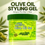 A jar of Ampro Pro Styl Olive Oil Gel styled on a light marble surface with decorative olive branches and olives. The product is a bright green translucent jar with a dark green lid, featuring olive illustrations on the label.