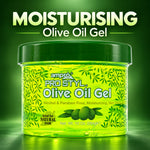 A jar of ampro Pro Styl Olive Oil Gel with a dark green lid and a bright green label featuring olive tree patterns and olives, set against a dark green gradient background with the text 'MOISTURISING Olive Oil Gel' at the top.