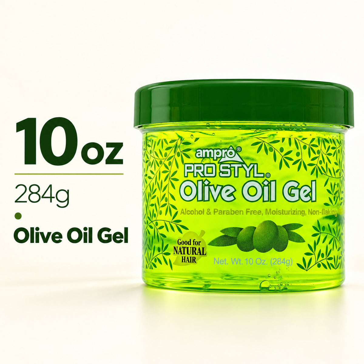 A jar of ampró Pro Styl Olive Oil Gel shown on a clean white background with text on the left indicating 10 oz / 284g. The product is a translucent bright yellow-green gel in a clear jar with a dark green lid and green leaf pattern on the label.