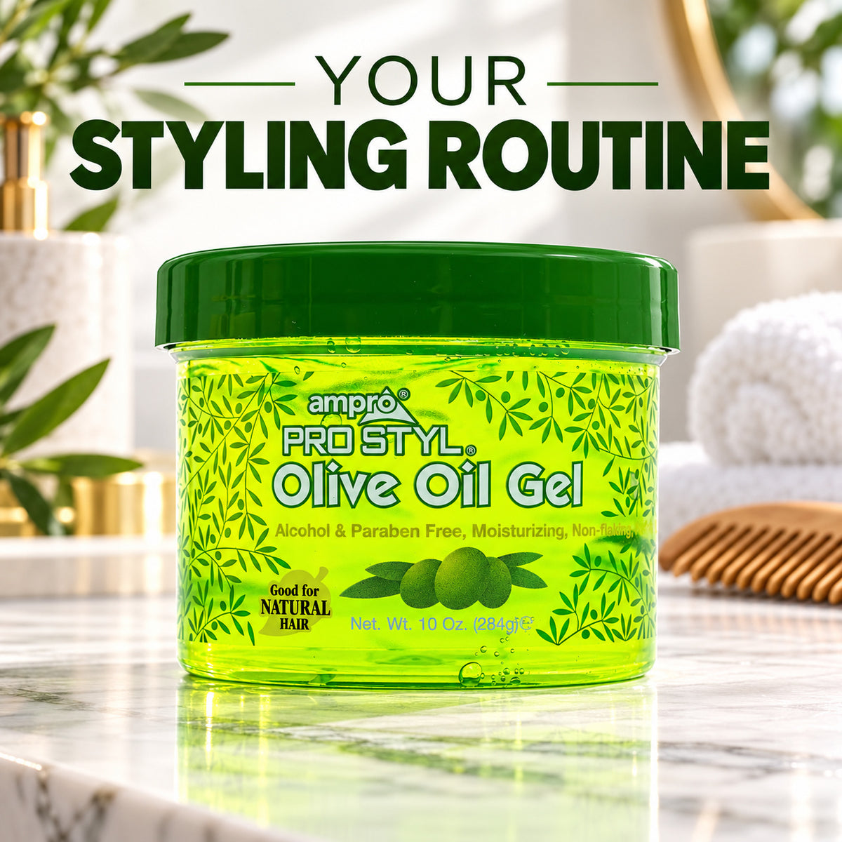 A jar of ampür Pro Styl Olive Oil Gel styled on a marble countertop with a blurred bathroom background and large text reading 'YOUR STYLING ROUTINE' at the top.