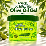 A 10 oz jar of ampro PRO STYL Olive Oil Gel, shown in a bright green translucent container with a dark green lid, set against a background of olive leaves and olives with the product name printed above.
