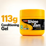 A yellow jar of St. Judah 'Shine 'n Jam' Conditioning Gel with a black label, shown next to text reading '113g Conditioning Gel' on a light beige background.