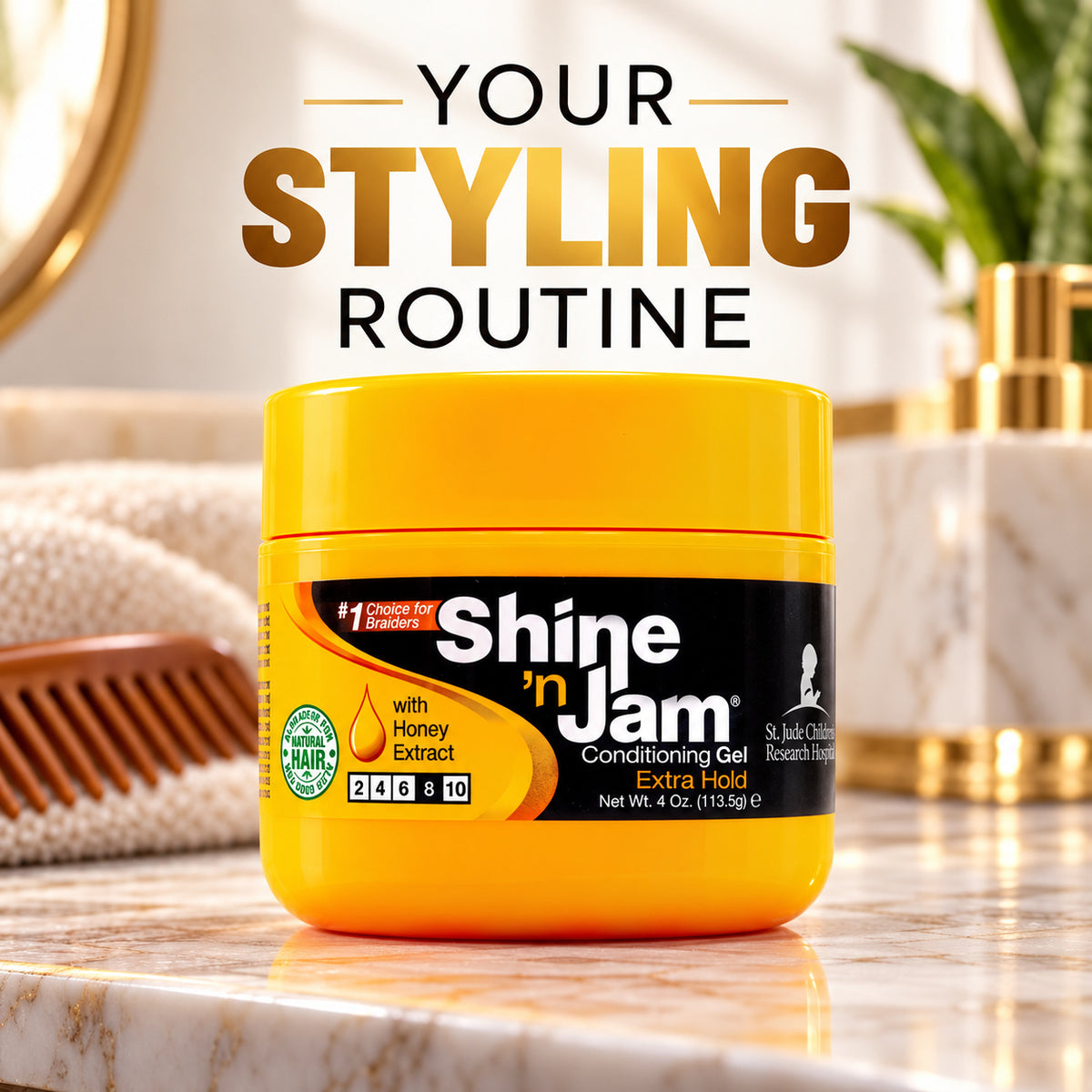 A jar of Shine 'n Jam Conditioning Gel sits on a marble countertop in a bathroom setting, with a wooden comb, towel, and gold-toned accessories blurred in the background. Large text at the top reads 'YOUR STYLING ROUTINE'.