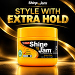 Shine 'n Jam Extra Hold Conditioning Gel in a bright yellow jar with a black label, set against a dark background with gold graphic swirls and the text 'STYLE WITH EXTRA HOLD'.