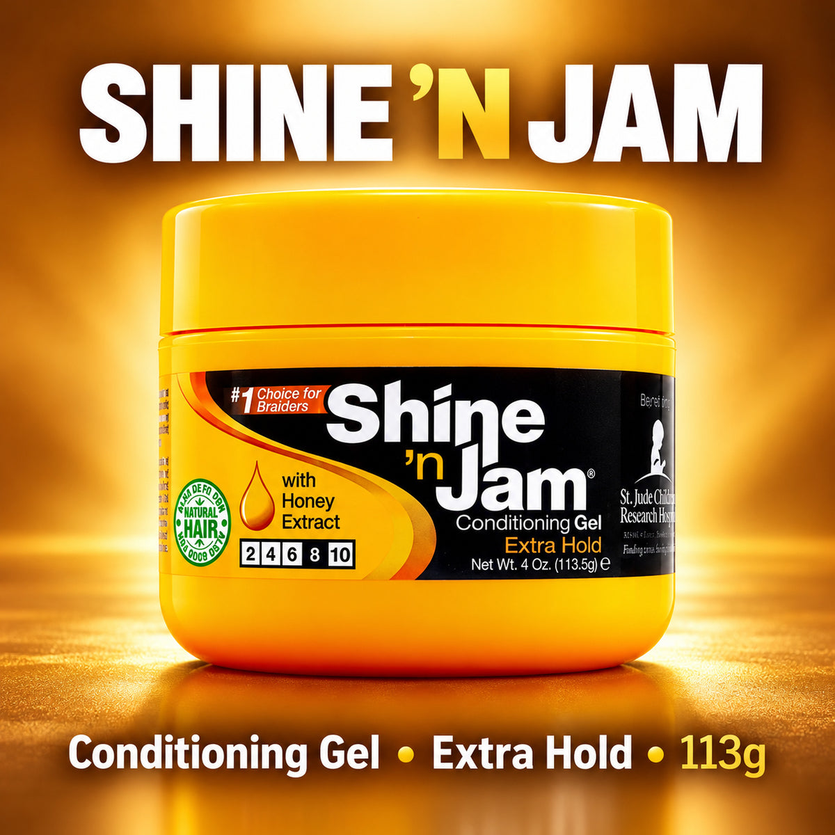 A jar of Shine 'N Jam Conditioning Gel Extra Hold, 4 oz (113.5g), shown against a warm golden-brown background with a glowing halo effect.