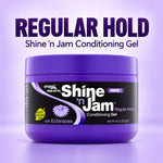 A jar of ampóx Pro Styl Shine 'n Jam Regular Hold Conditioning Gel on a light purple background with 'REGULAR HOLD' text above it.