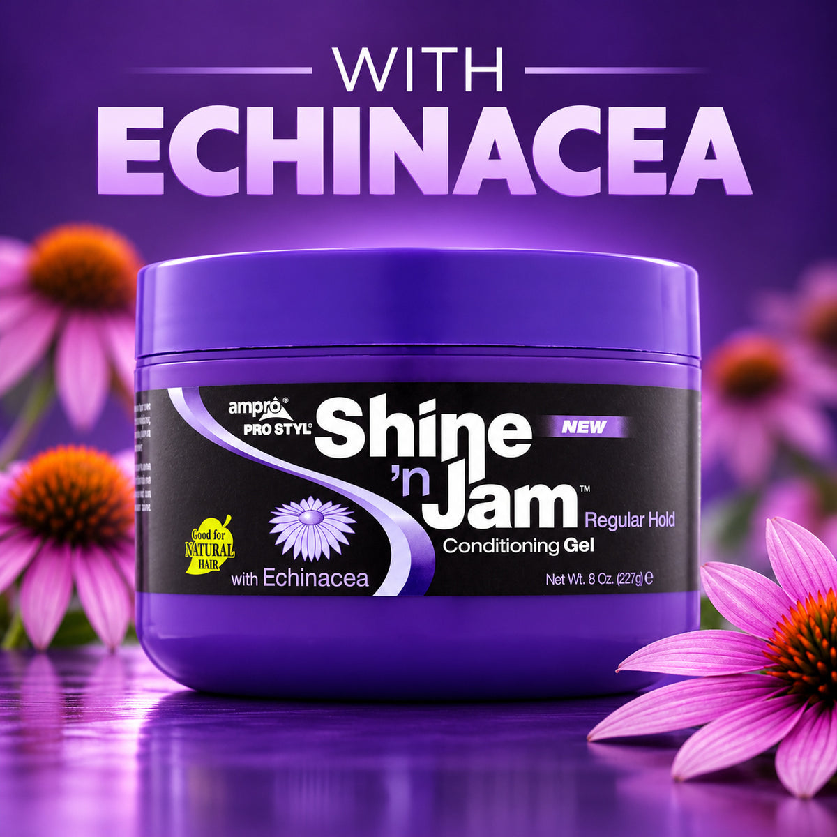 A purple jar of amp’pro Shine 'n Jam Regular Hold Conditioning Gel with Echinacea, set against a purple background with blurred pink and orange flowers and the text 'WITH ECHINACEA' at the top.