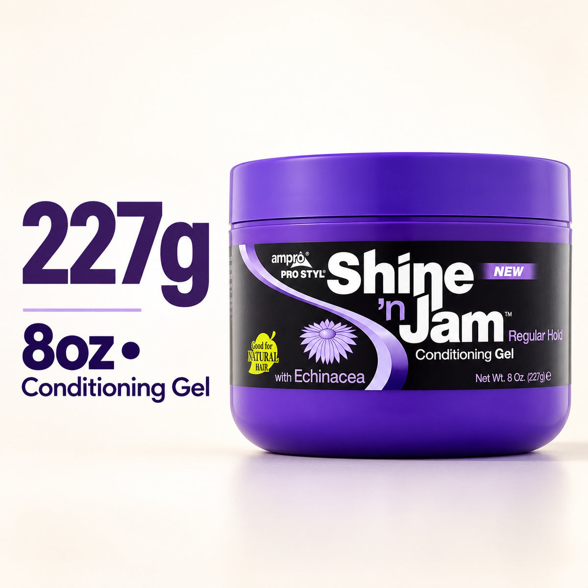 A purple jar of AmpX ProStyle Shine 'n Jam Regular Hold Conditioning Gel with an 8oz size text overlay on the left, set against a clean white background.