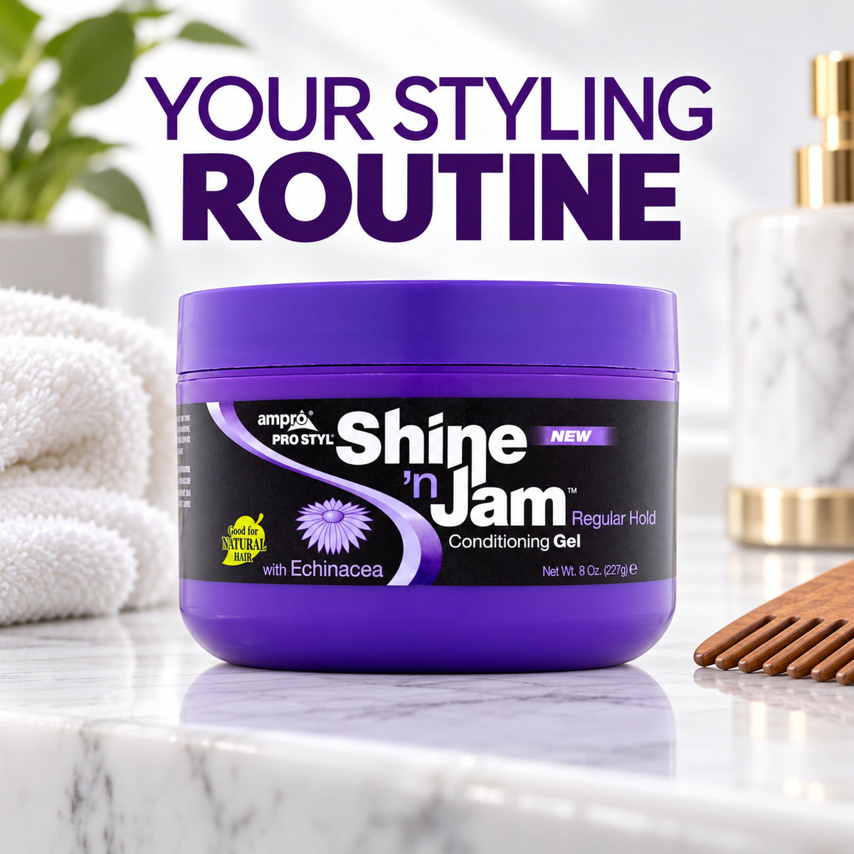 A tub of Ampoa Shine 'n Jam Regular Hold Conditioning Gel sits on a marble countertop with a white towel and gold-toned bottle in the background. Large purple text at the top reads 'YOUR STYLING ROUTINE'.