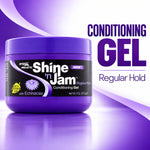 A purple jar of SMPt Pro Styl Shine 'n Jam Regular Hold Conditioning Gel with a black label, set against a purple and white graphic background with text reading 'CONDITIONING GEL' and 'Regular Hold'.