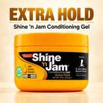 A jar of Shine 'n Jam Conditioning Gel Extra Hold in bright yellow-orange packaging with a black label, shown against a warm beige background with large promotional text above.
