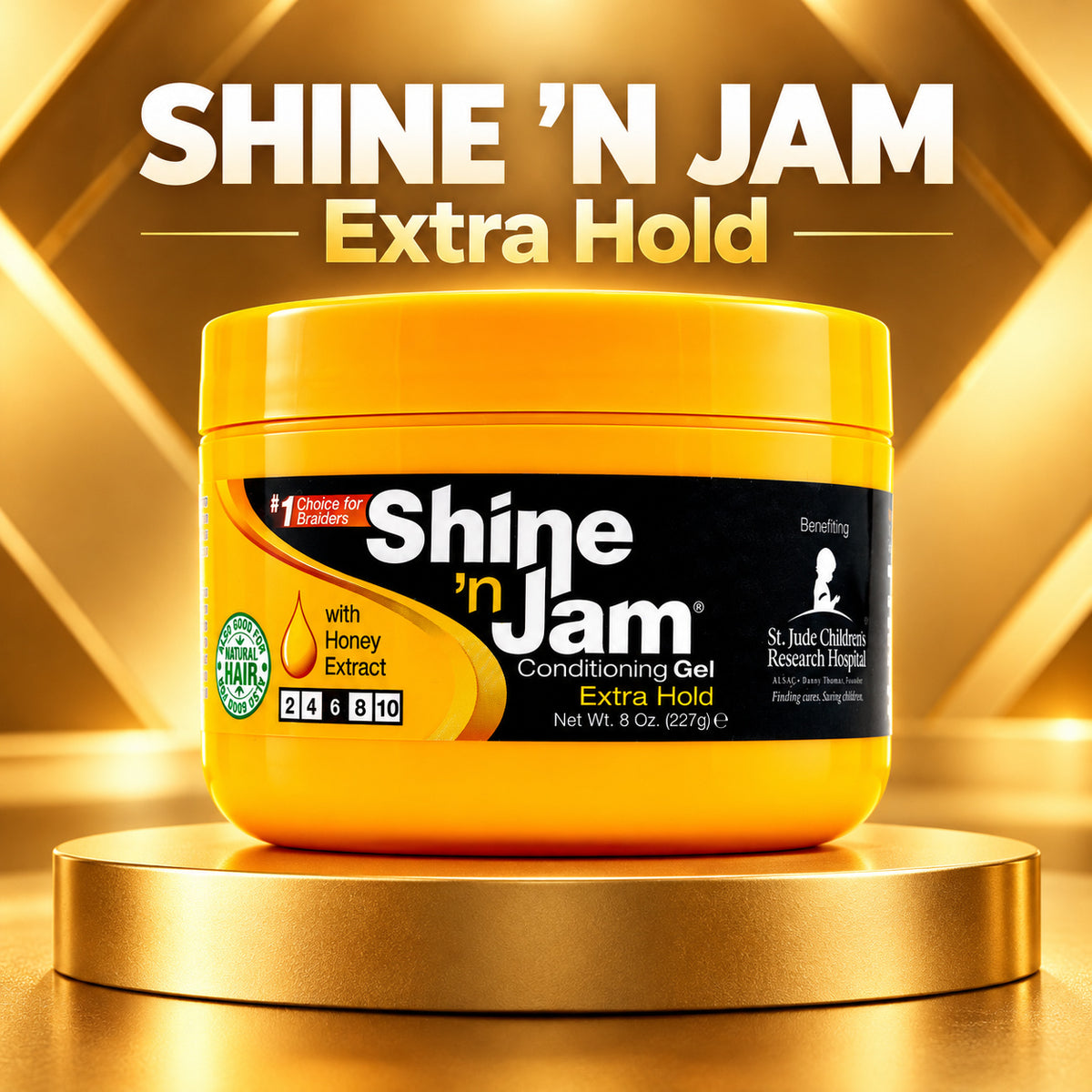 A tub of Shine 'N Jam Extra Hold Conditioning Gel displayed on a gold pedestal against a gold geometric background. The product container is bright yellow with a black label featuring the brand name 'Shine 'N Jam' in white text.