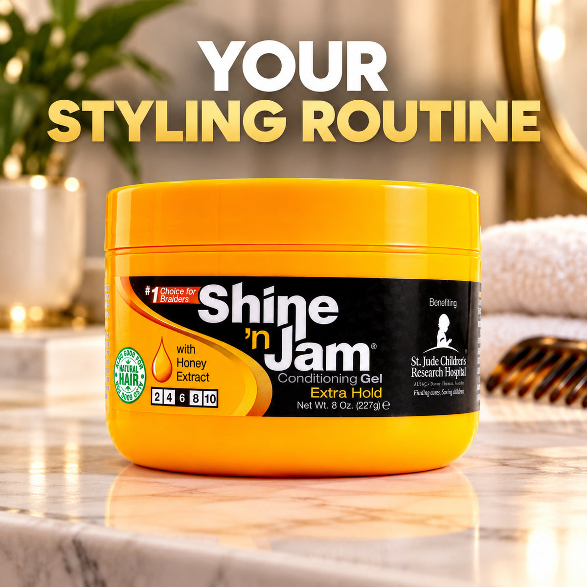 A jar of Shine 'n Jam Extra Hold Conditioning Gel sits on a marble surface with a blurred bathroom-like background. Large overlaid text at the top reads 'YOUR STYLING ROUTINE'.