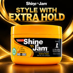 Shine 'n Jam Conditioning Gel Extra Hold in a bright yellow tub with a black label, set against a black background with gold graphic swirls and the text 'STYLE WITH EXTRA HOLD'.