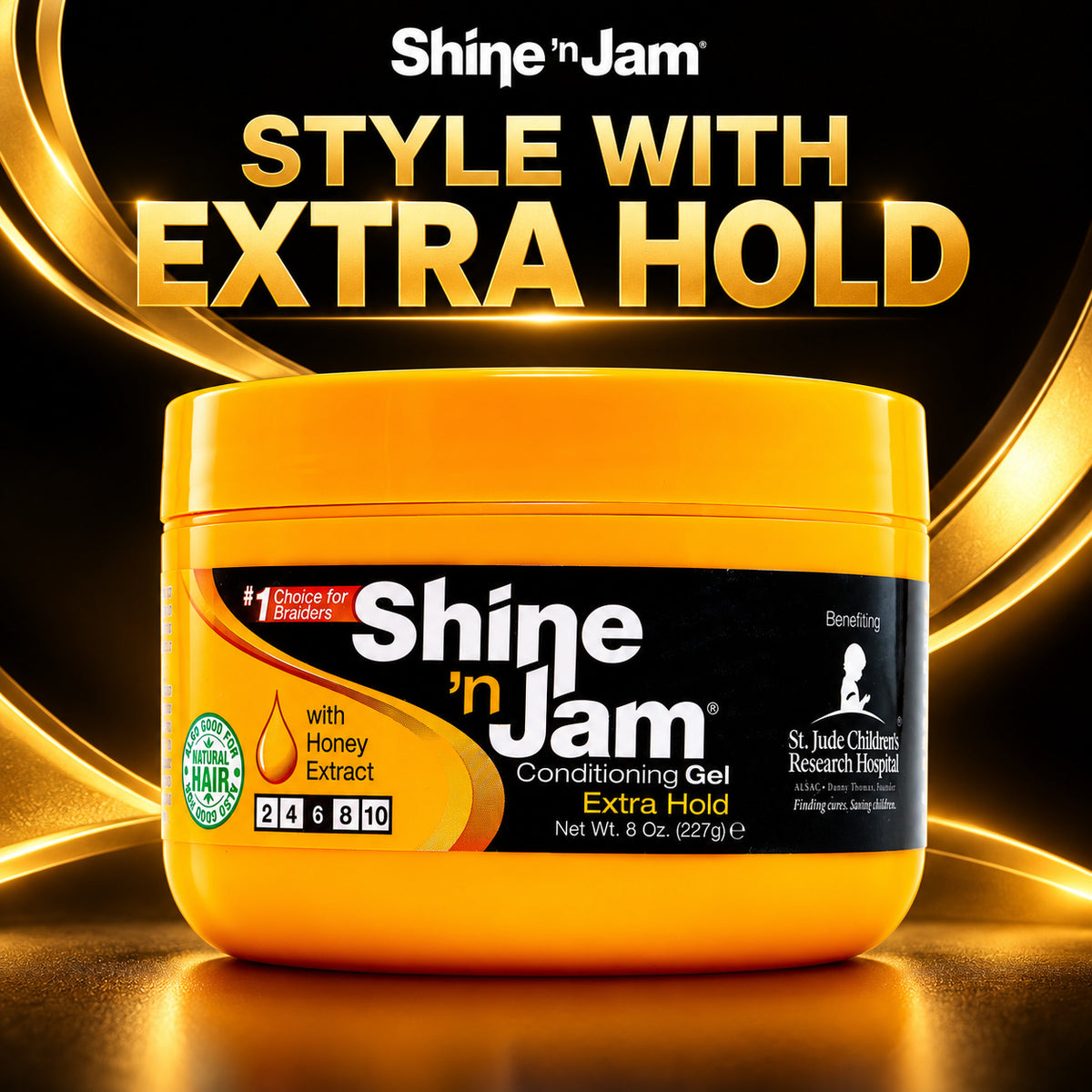 Shine 'n Jam Conditioning Gel Extra Hold in a bright yellow tub with a black label, set against a black background with gold graphic swirls and the text 'STYLE WITH EXTRA HOLD'.