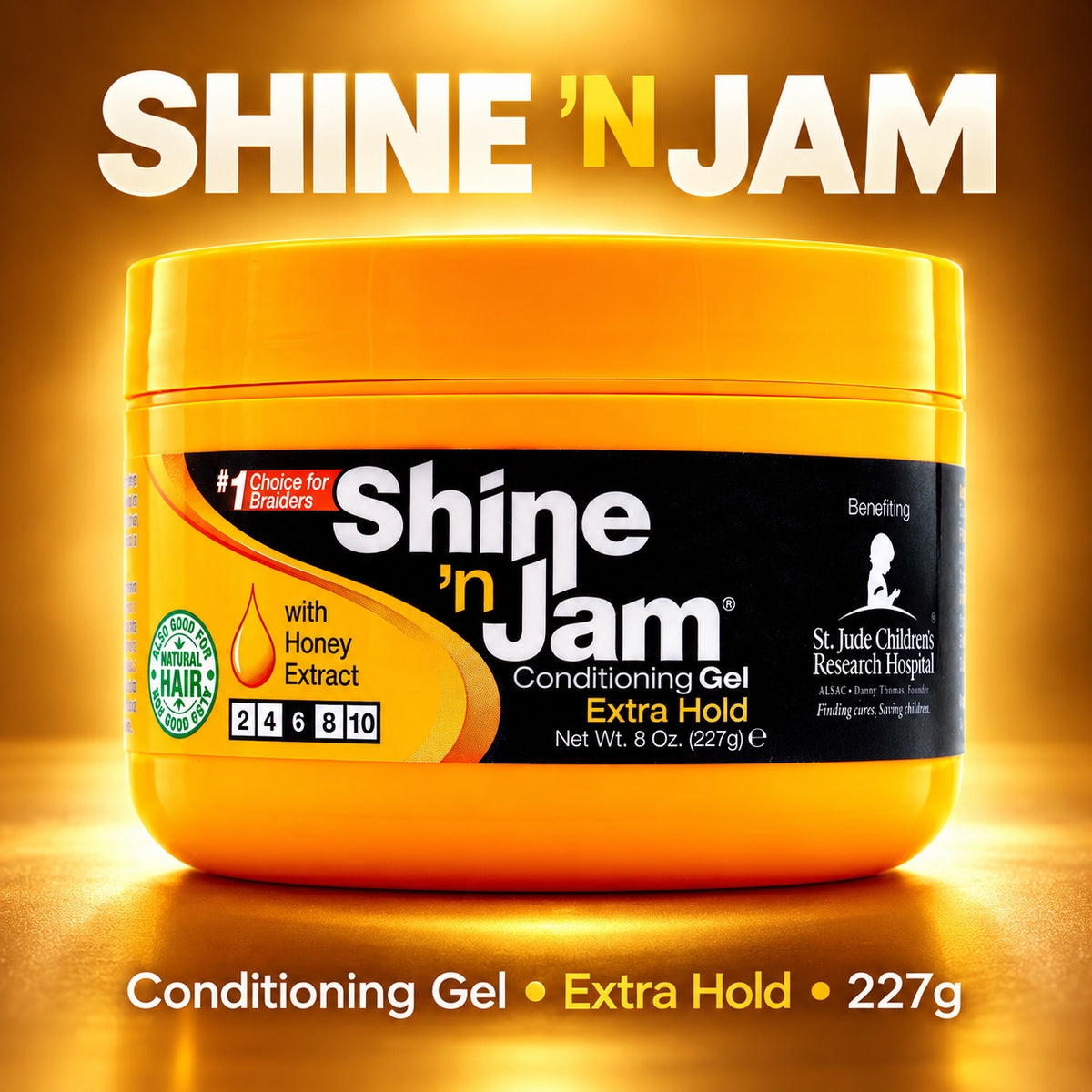 A jar of Shine 'n Jam Conditioning Gel Extra Hold, 8 oz, shown against a glowing golden background with the brand name 'SHINE 'N JAM' at the top and product details at the bottom.