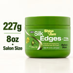 A green jar of Shine 'n Jam Silk 'Edges salon size hair product on a white background, with text on the left stating 227g / 8oz / Salon Size.