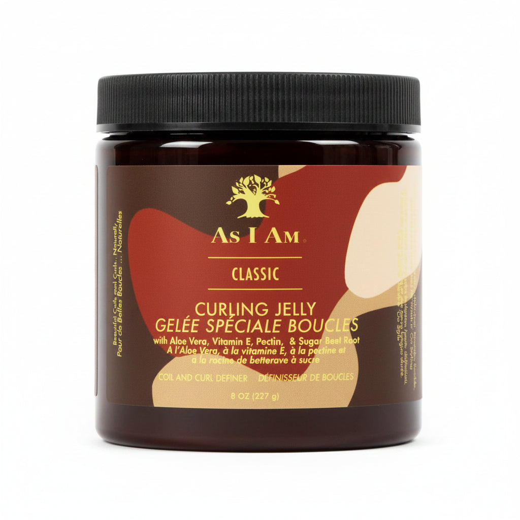 A jar of As I Am Classic Curling Jelly on a white background. The product is in a dark amber-brown jar with a black ribbed lid and a brown label featuring gold and beige abstract shapes.