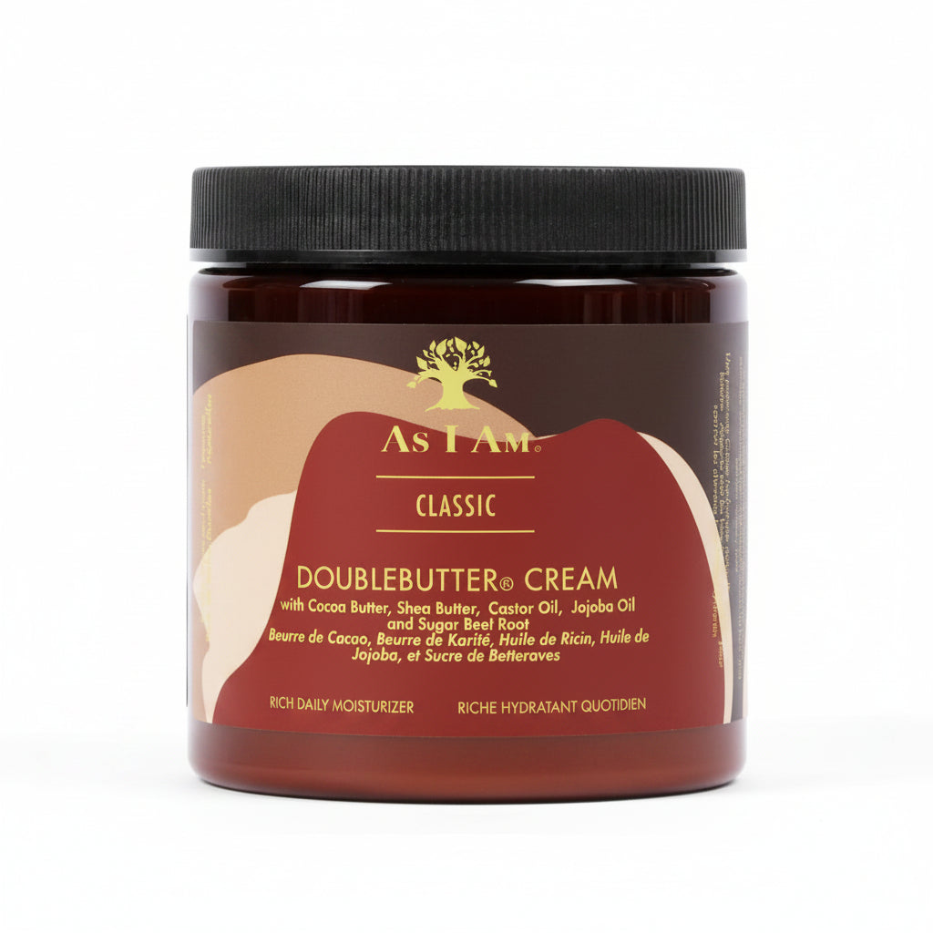 A jar of As Tam Classic Doublebutter Cream moisturizer, featuring a dark brown translucent container, a black ribbed lid, and a label with brown, beige, and red sections and gold text.