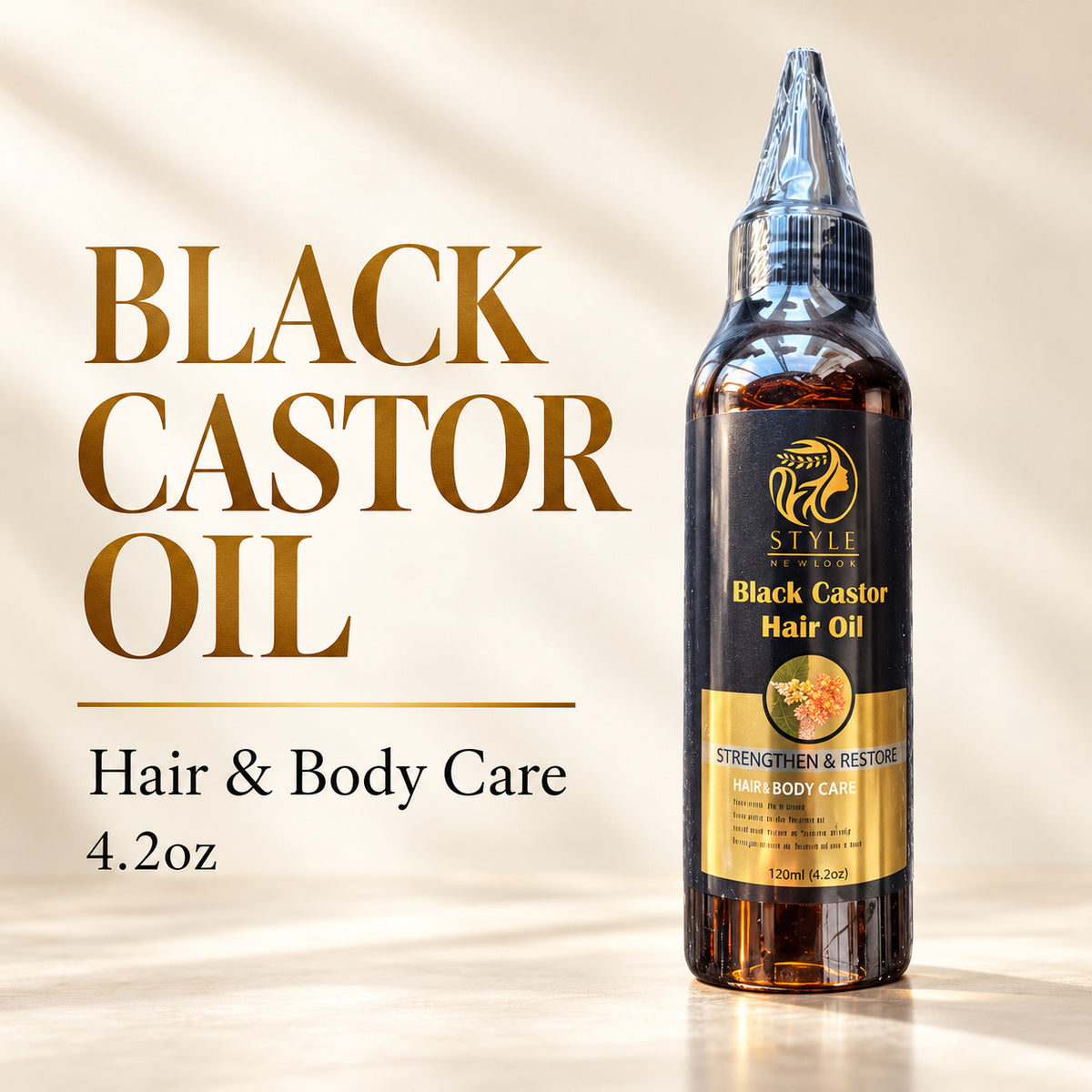 A bottle of STYLE Black Castor Hair Oil stands on a light beige surface with large text reading 'BLACK CASTOR OIL' and 'Hair & Body Care 4.2oz' on the left.