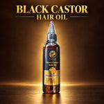 A bottle of black castor hair oil centered on a dark brown background with a spotlight effect. Large gold text at the top reads 'BLACK CASTOR HAIR OIL.