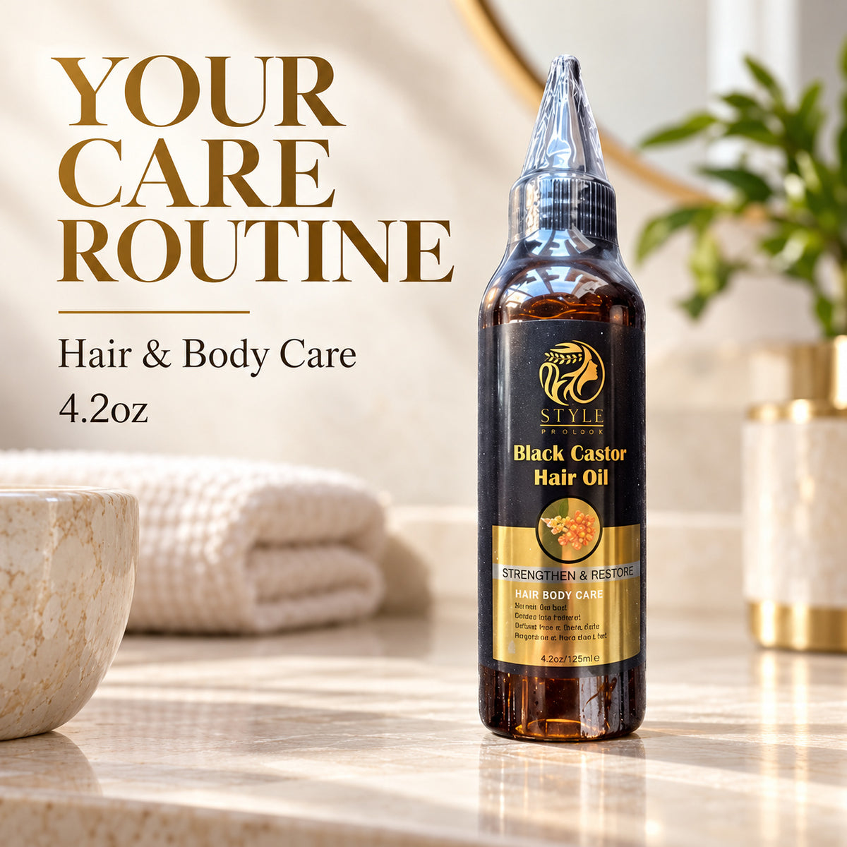 A bottle of STYLE Black Castor Hair Oil stands on a marble countertop in a bathroom setting, with a folded towel, bowl, and plant in the background. Large text on the left reads 'YOUR CARE ROUTINE' and 'Hair & Body Care 4.
