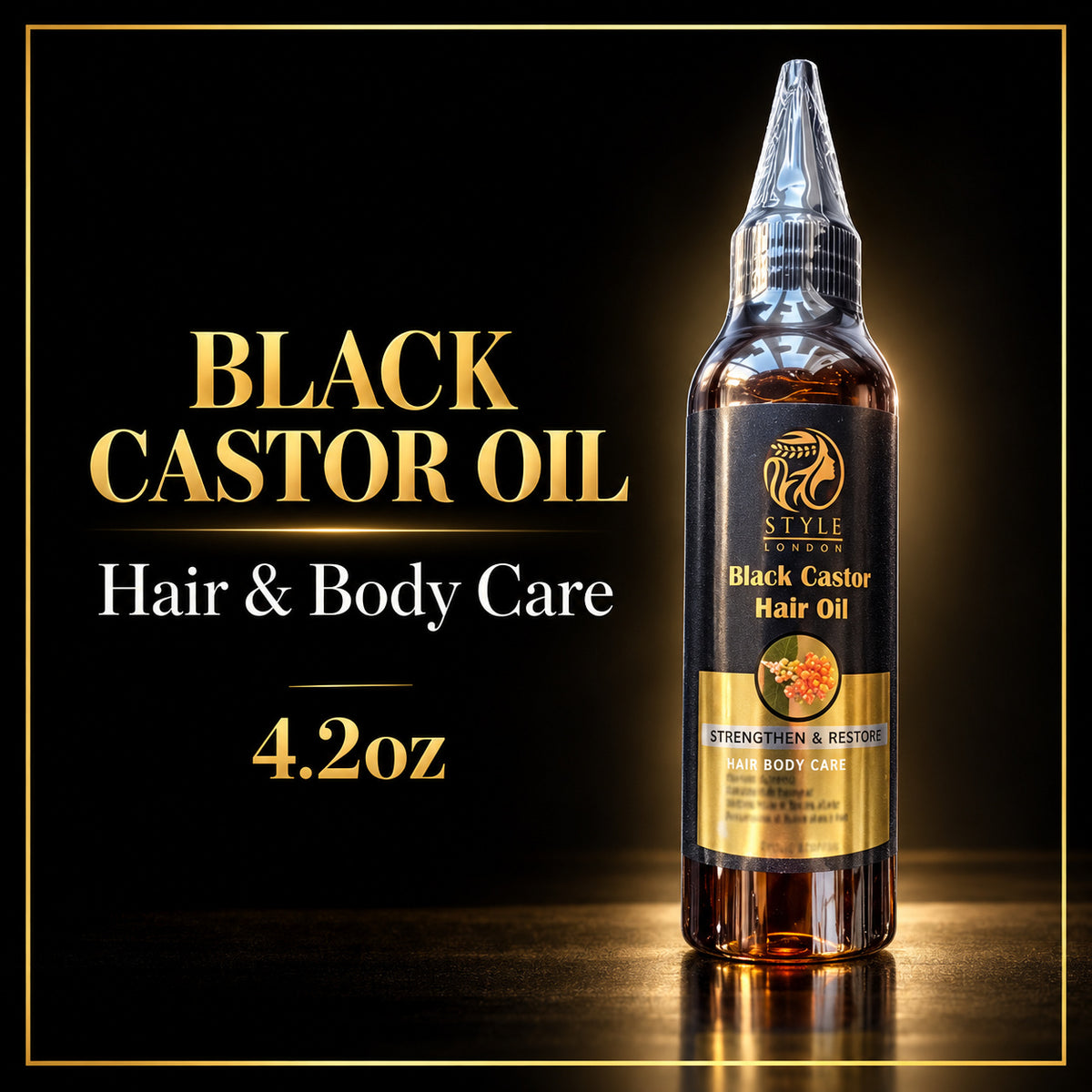A bottle of Style by Style Black Castor Oil Hair & Body Care, 4.2 oz, displayed on a reflective black surface with gold text on the left.