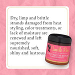 Camille Rose hair treatment jar with text on a pink background