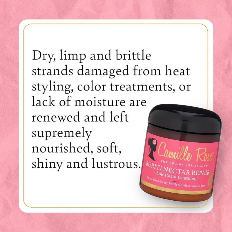 Camille Rose hair treatment jar with text on a pink background