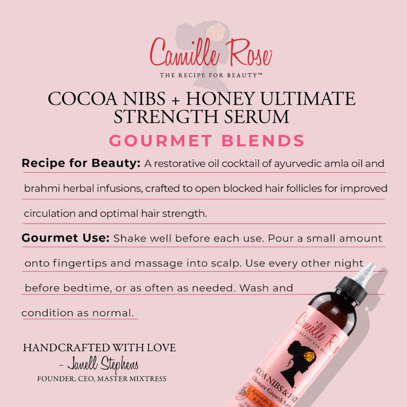 Camille Rose Cocoa Nibs + Honey Ultimate Strength Serum bottle on a pink background with product details.