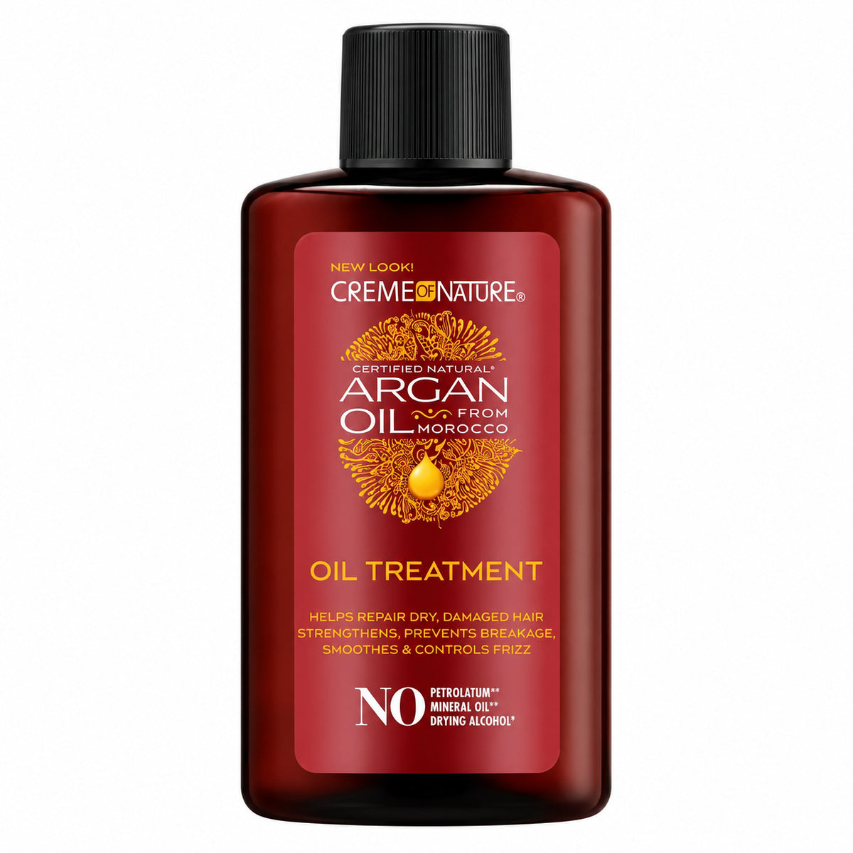 Creme Nature Argan Oil Treatment bottle in a dark reddish-brown color with a black cap, featuring a red label with gold and white text.
