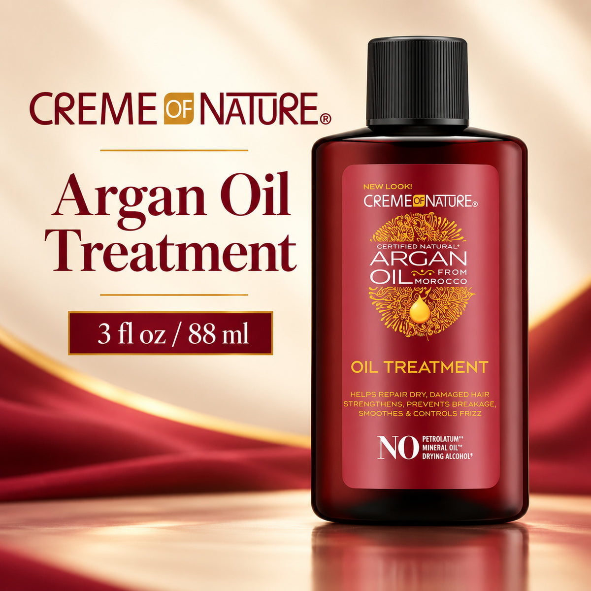 Creme of Nature Argan Oil Treatment in a 3 fl oz (88 ml) amber bottle with a black cap, set against a warm, draped red and gold background with product text on the left.