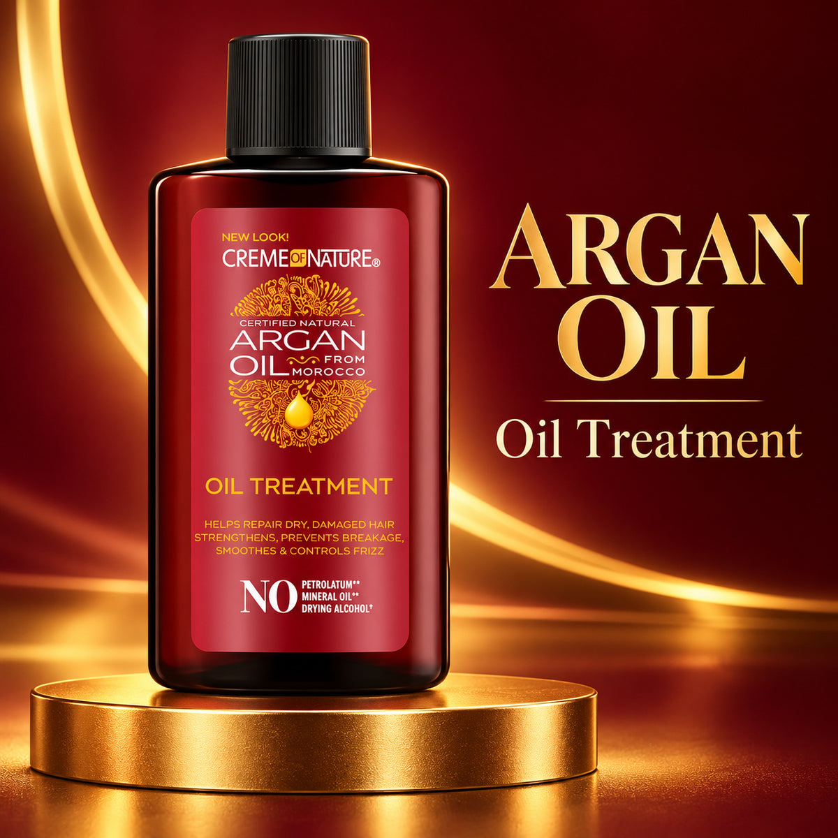 A bottle of Creme Nature Argan Oil Oil Treatment stands on a gold pedestal against a dark red and gold background. The bottle is dark amber with a black cap and a red label featuring gold text and an argan illustration.