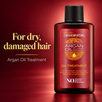 A bottle of New Lagos Creme Nature Argan Oil Treatment for dry, damaged hair, set against a dark red gradient background with promotional text.
