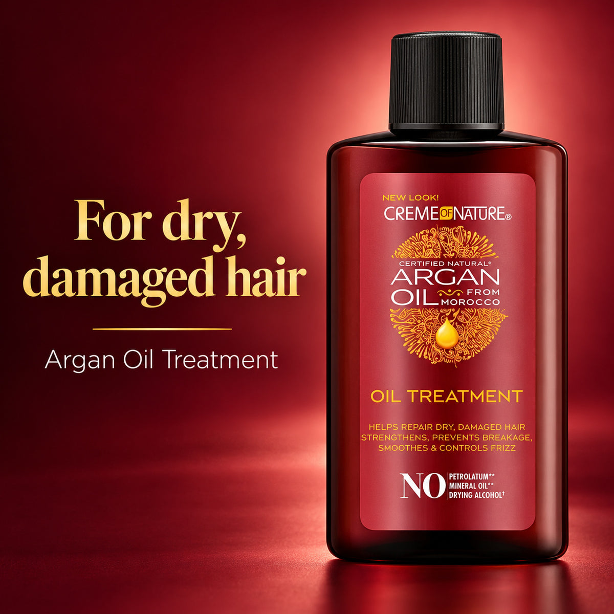 A bottle of New Lagos Creme Nature Argan Oil Treatment for dry, damaged hair, set against a dark red gradient background with promotional text.