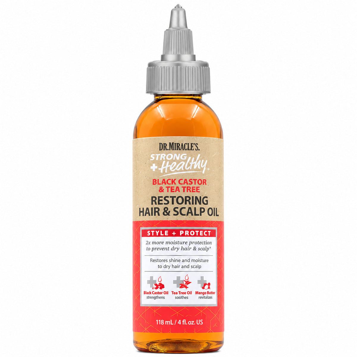 A bottle of Dr. Miracles Strong & Healthy Black Castor & Tea Tree Restoring Hair & Scalp Oil, featuring amber liquid, a beige and red label, and a silver dropper cap on a white background.
