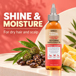 A bottle of Dr. Miracle's Strong & Healthy Black Castor & Tea Tree Restoring Hair & Scalp Oil stands on a marble surface with castor seeds, green leaves, and butter props against a coral and cream background.
