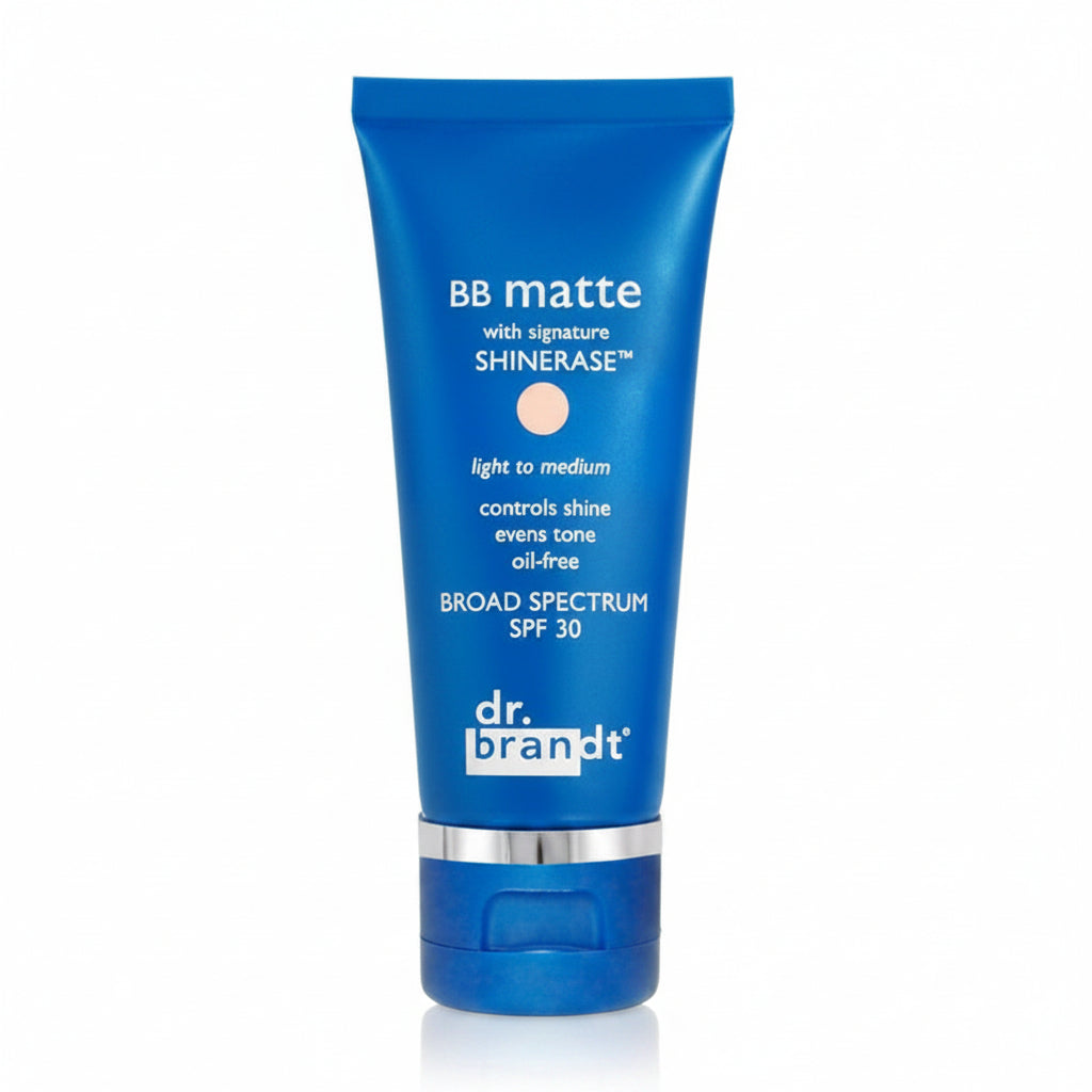 Blue tube of dr. brandt BB matte cream on a white background