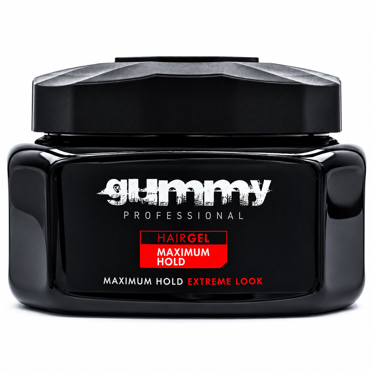 A black plastic jar of Gummy Professional Hairgel Maximum Hold Extreme Look, featuring a black lid and a black label with white and red text, on a white background.