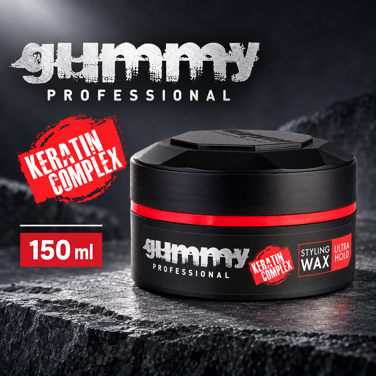 A 150 ml jar of Gummy Professional Styling Wax Keratin Complex in black with a red band, displayed on a dark textured rock surface with promotional text overlays.
