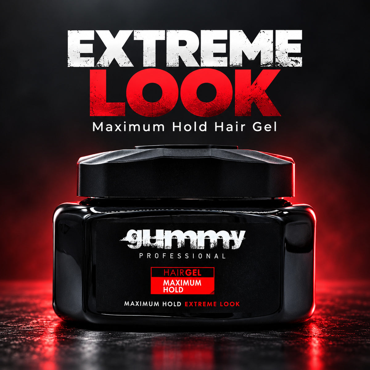 A black jar of Gummy Professional hair gel with a matching black lid, set against a dark background with red glow and text reading 'EXTREME LOOK Maximum Hold Hair Gel'.